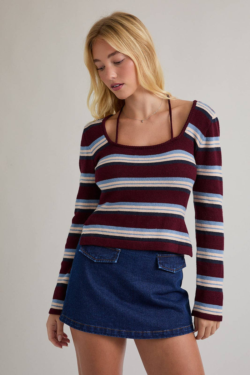 Square Neck Striped Sweater Top