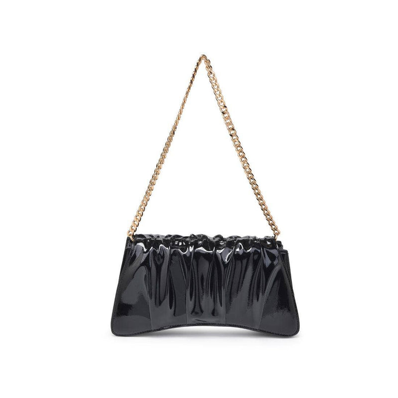 Stylish black patent Erie Shoulder Bag featuring a gathered design and a chic gold chain strap, perfect for Long Island boutique fashion.