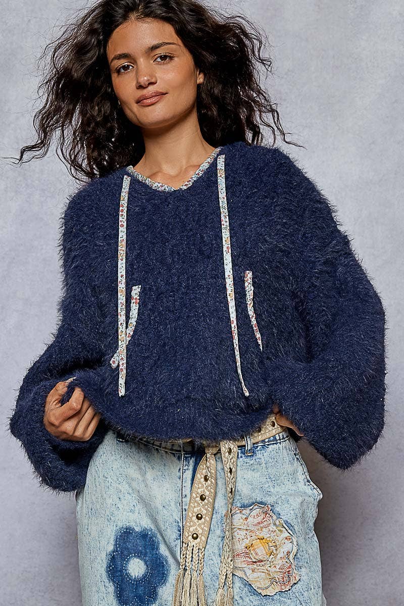 V-neck Solid Hoodie Cropped Sweater Top