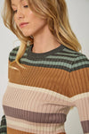 Ribbed color block striped sweater top in earthy tones with fitted silhouette, perfect for stylish Long Island boutique fashion.