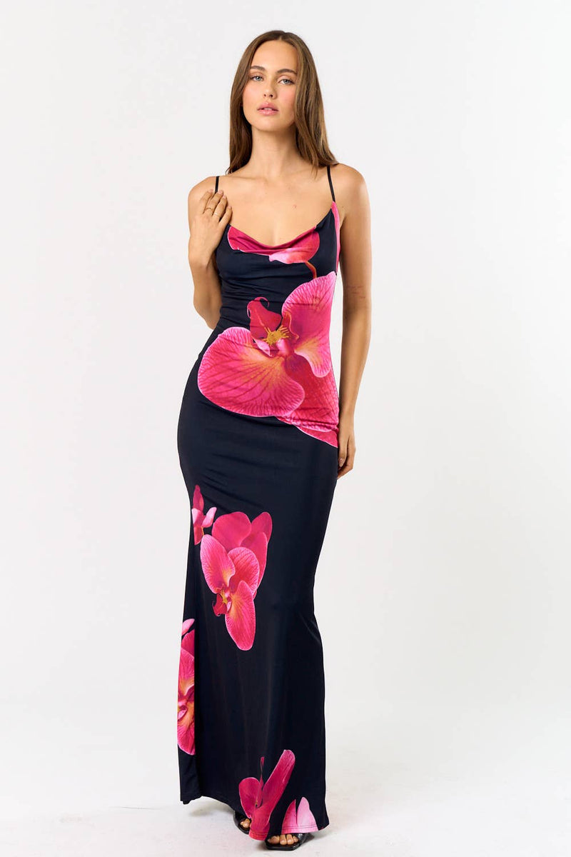 Floral Print Cowl Neck Maxi Dress