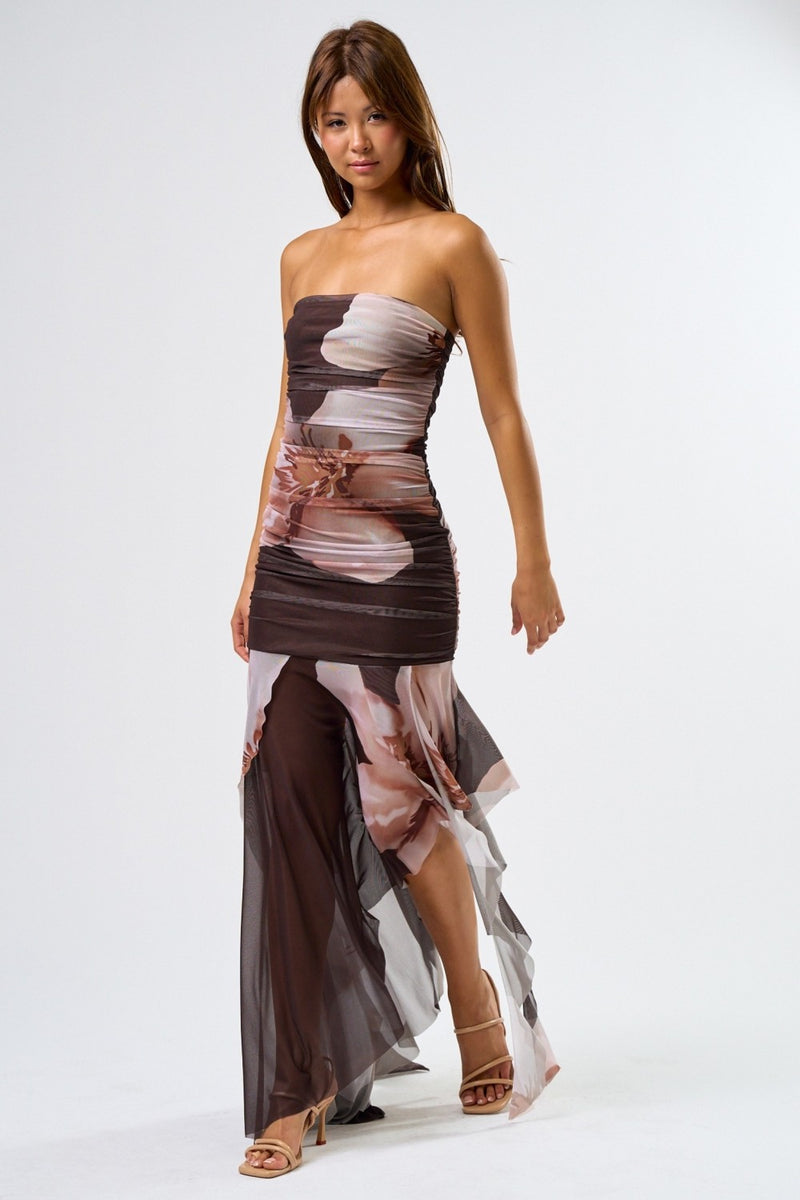 Ruffled Tube Ruched Maxi Dress