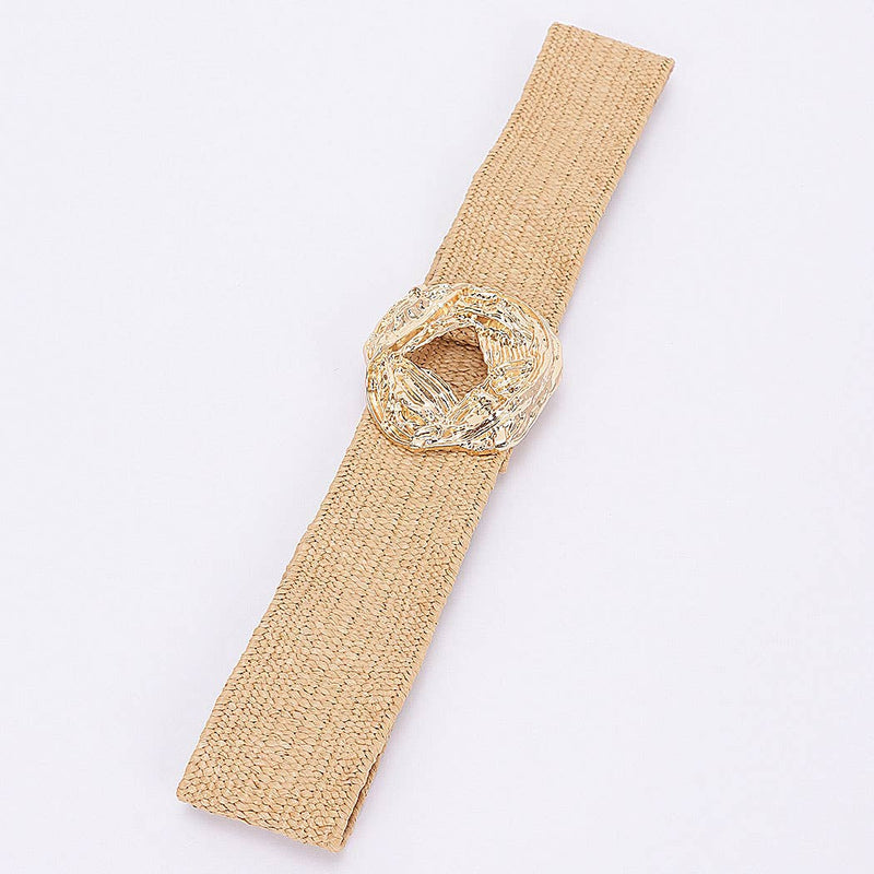 Metal Buckle Elastic Faux Straw Belt