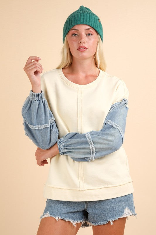 Acid Washed Oversized Denim Sleeve Casual Top - Cream