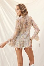 Paisley Ruffled Tie Front Blouse