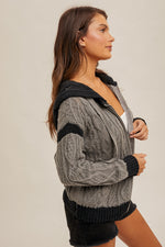 Color Block Cable Knit Zipper Front Hoodie Sweater