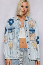 Balloon Sleeve Floral Patch Detail Denim Jacket
