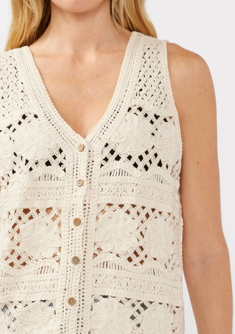 V-Neck Button Down Crochet Floral Top