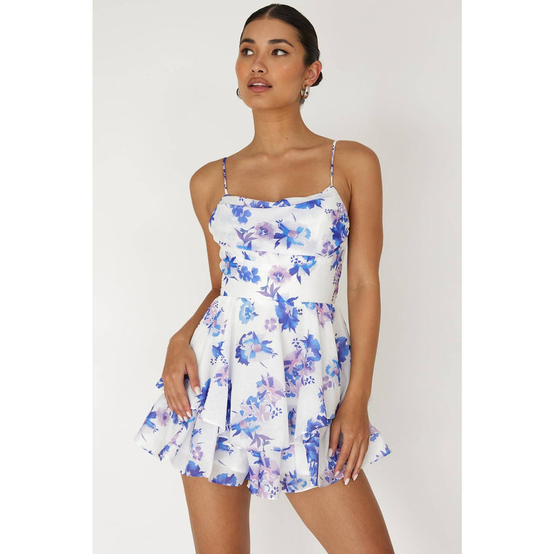 Floral Print Cowl Neck Tiered Skirt Mini Dress