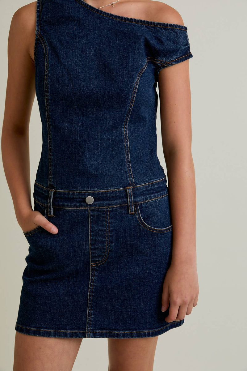 Asymmetrical Shoulder Denim Dress TandyWear Asymmetrical Shoulder Denim Dress TandyWear
