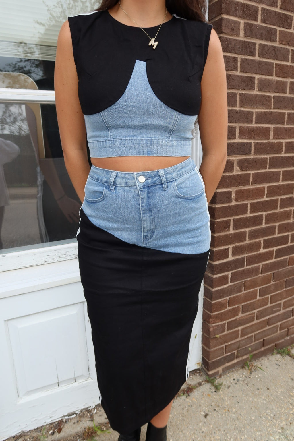 Denim Color Block Cropped Top Skirt Set