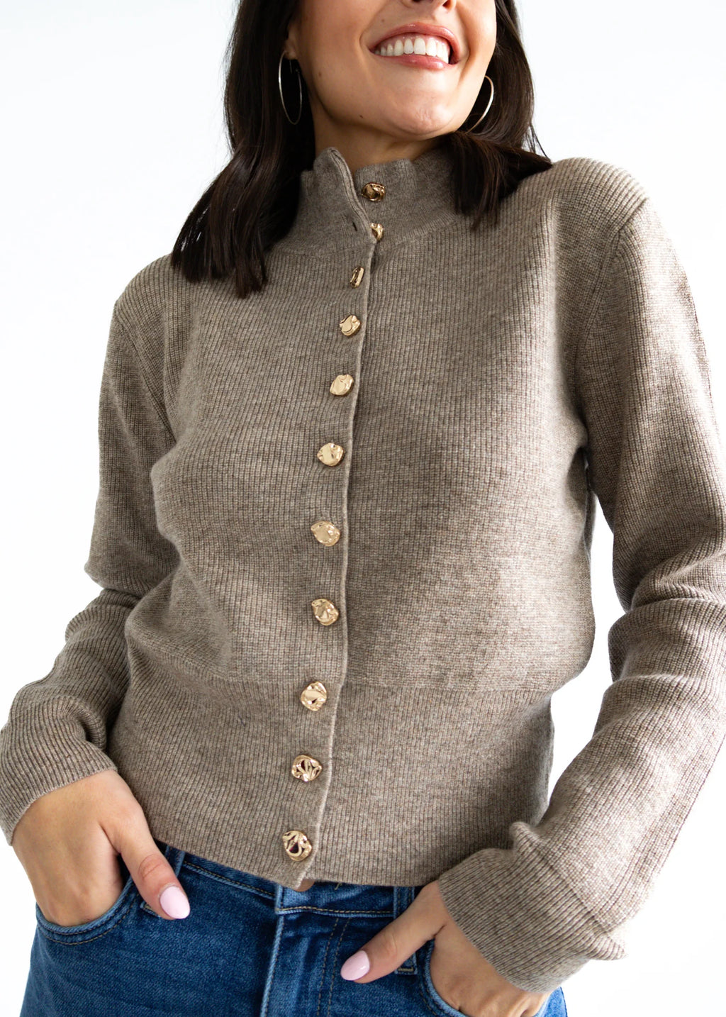 Ribbed taupe cardigan featuring a high collar and glossy gold button details, perfect for Long Island boutique fashion styles.