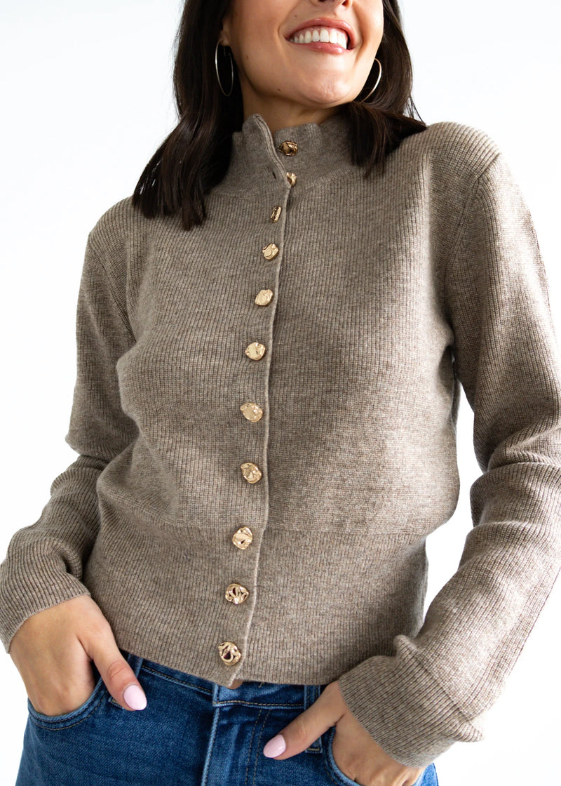 Ribbed taupe cardigan featuring a high collar and glossy gold button details, perfect for Long Island boutique fashion styles.