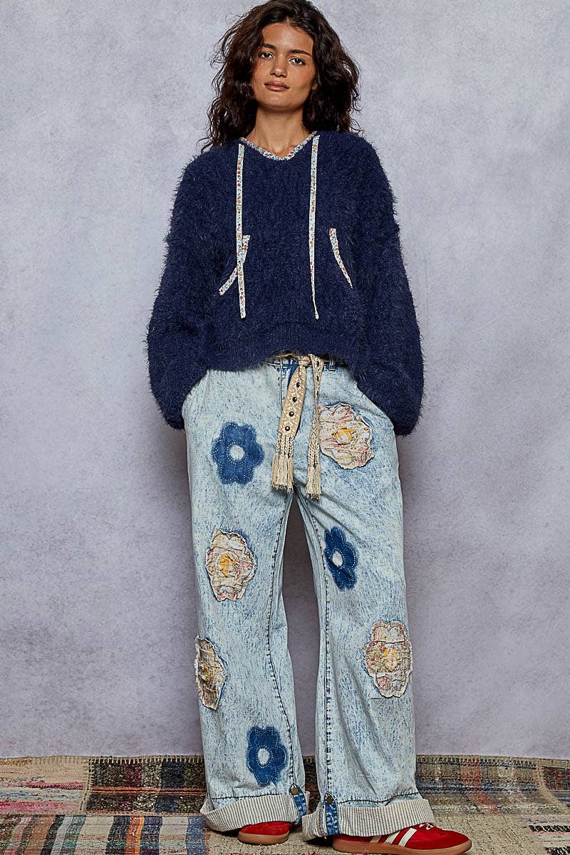 V-neck Solid Hoodie Cropped Sweater Top