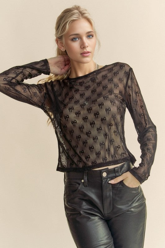 Ribbon Embroidered Long Sleeve Mesh Top