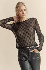 Ribbon Embroidered Long Sleeve Mesh Top