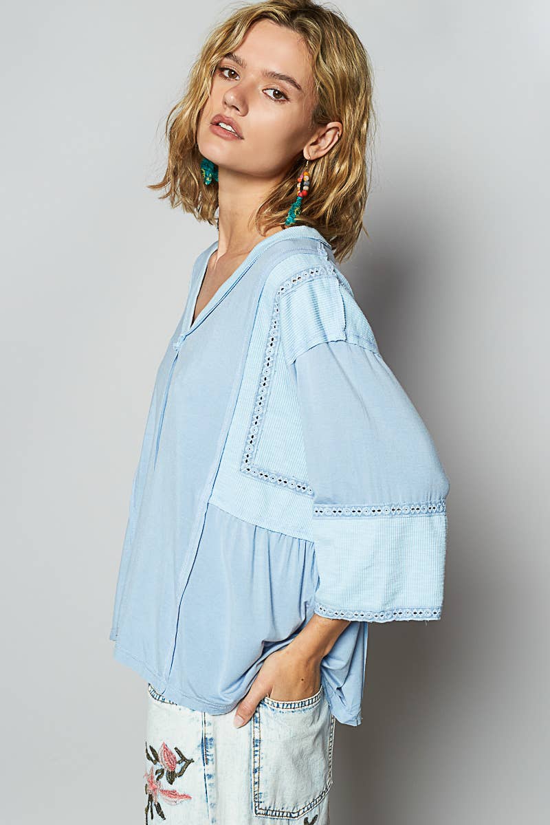 Oversize V-Neck Long Sleeve Lace Trim Knit Top