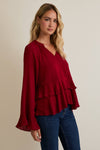 Notch Neck Long Sleeve Ruffle Hem Top