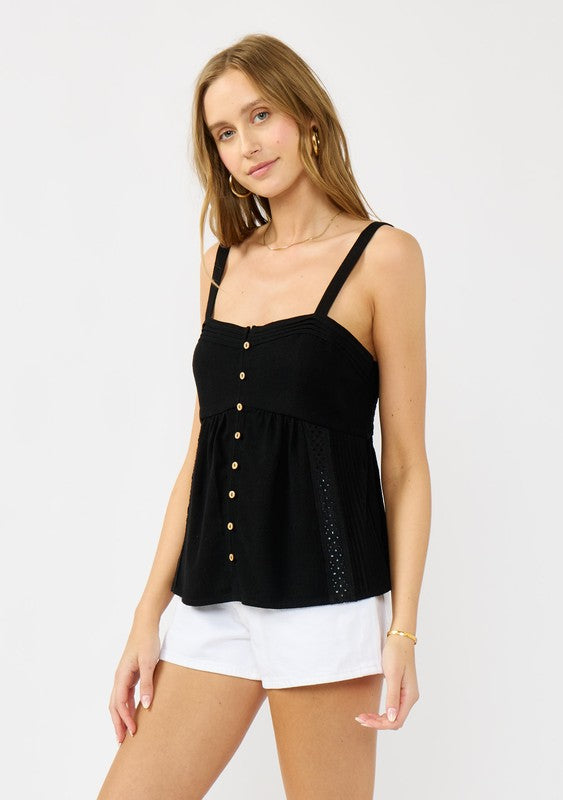 Lace Trim Button Down Sleeveless Tank Top