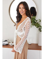 Open Knit Crochet Tie Top with Bell Sleeve - White