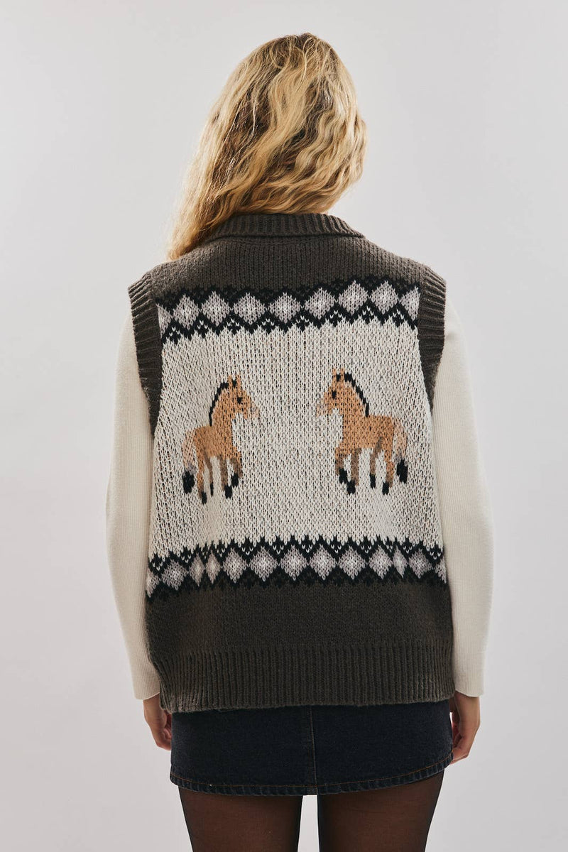 Horse Zip Up Sweater Vest