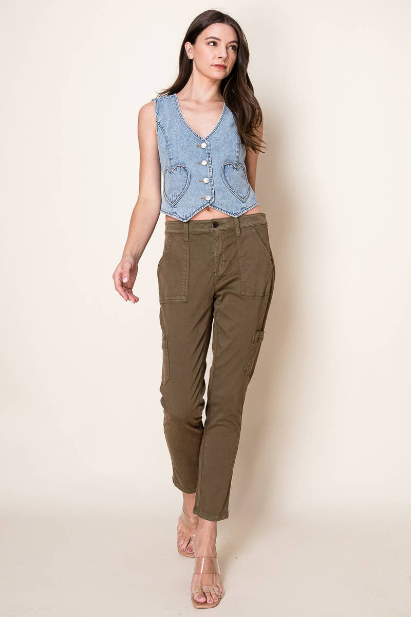 Washed Denim Fitted Vest With Heart Pockets