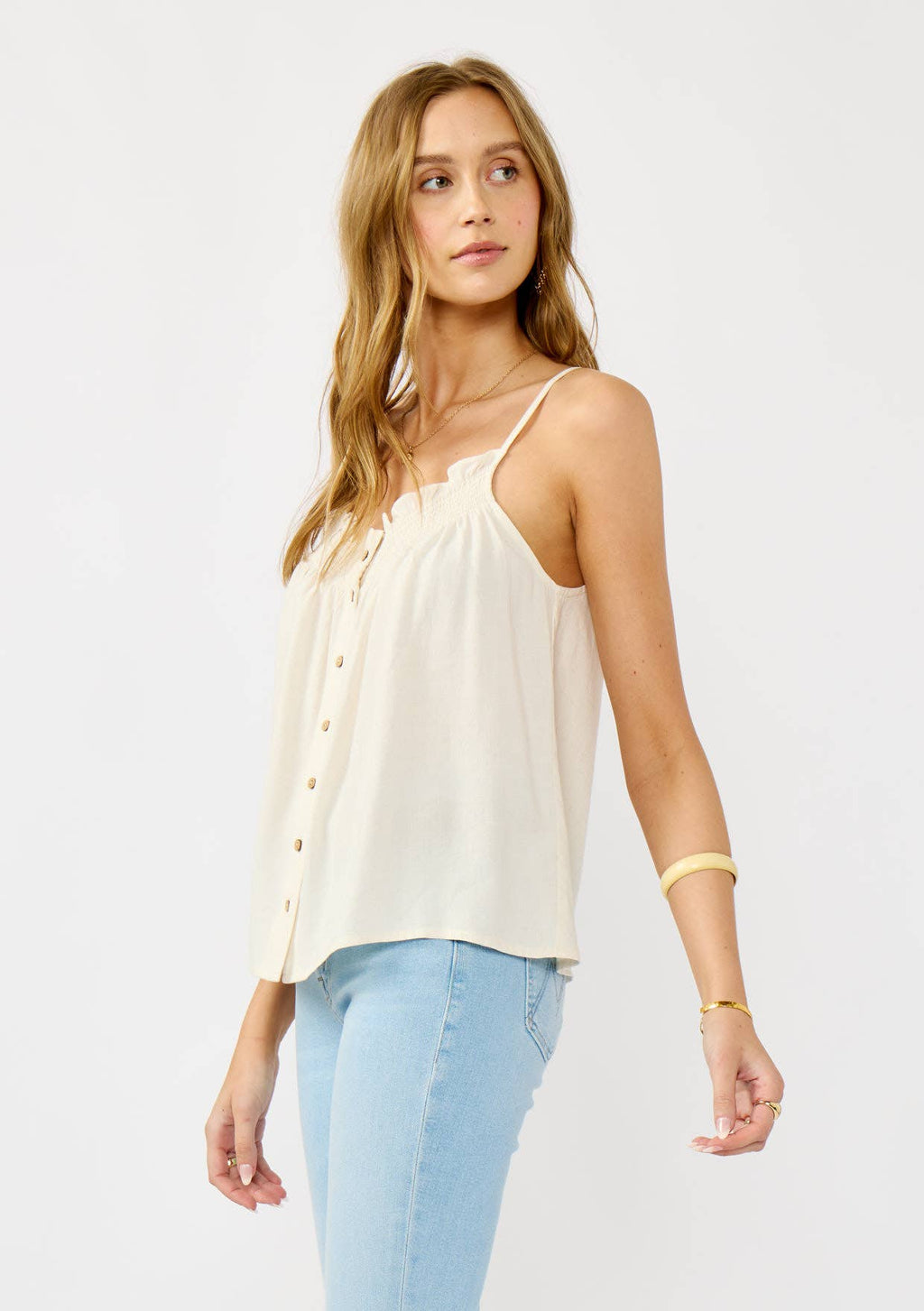 Smocked Spaghetti Strap Button-Down Top