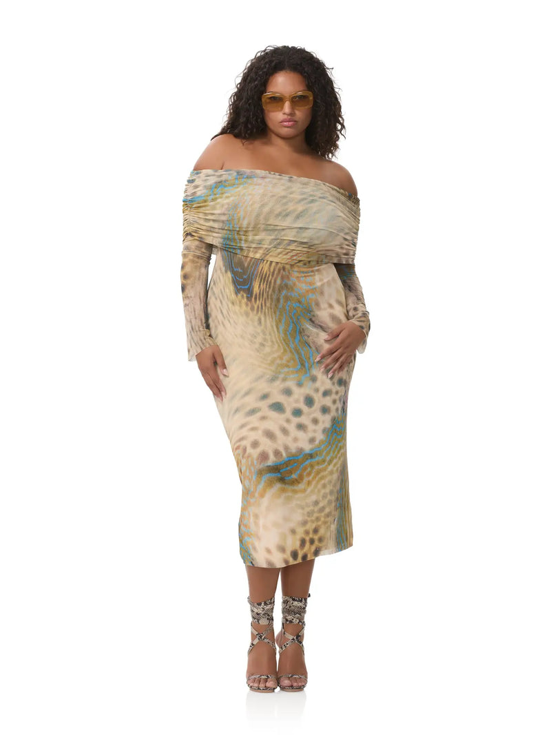 Off-shoulder, bodycon AFRM Cornelia Dress features a unique fish scale swirl pattern in beige and teal, perfect for Long Island boutique fashion.