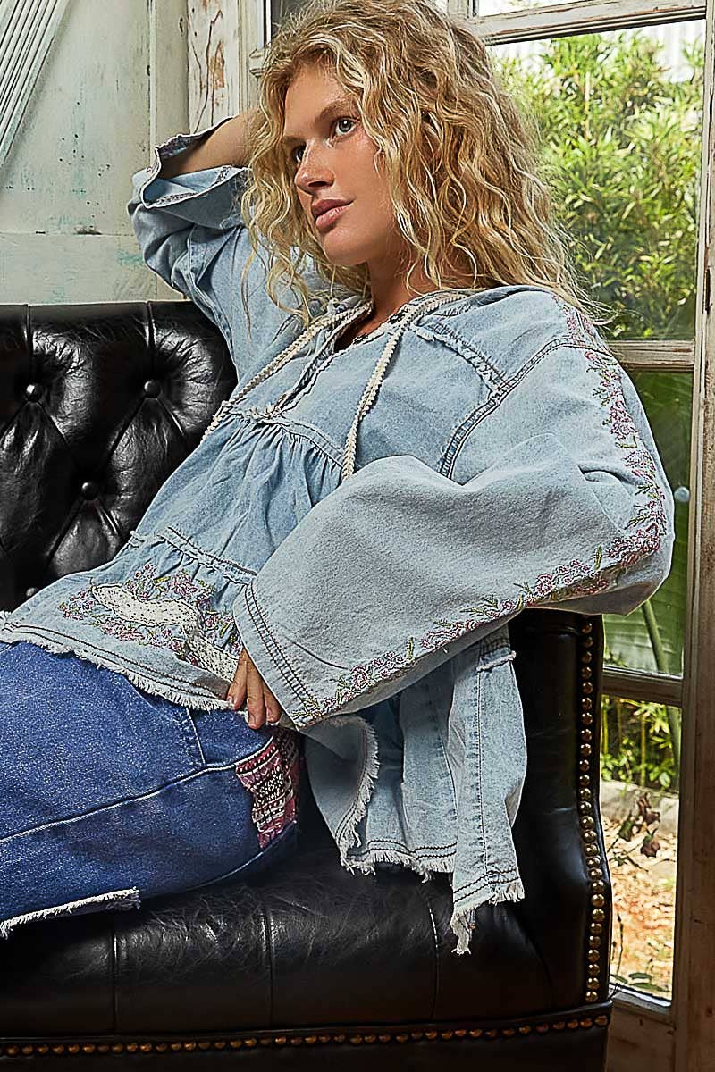 Long Sleeve Double Gauze Embroidery Shirring Woven Top