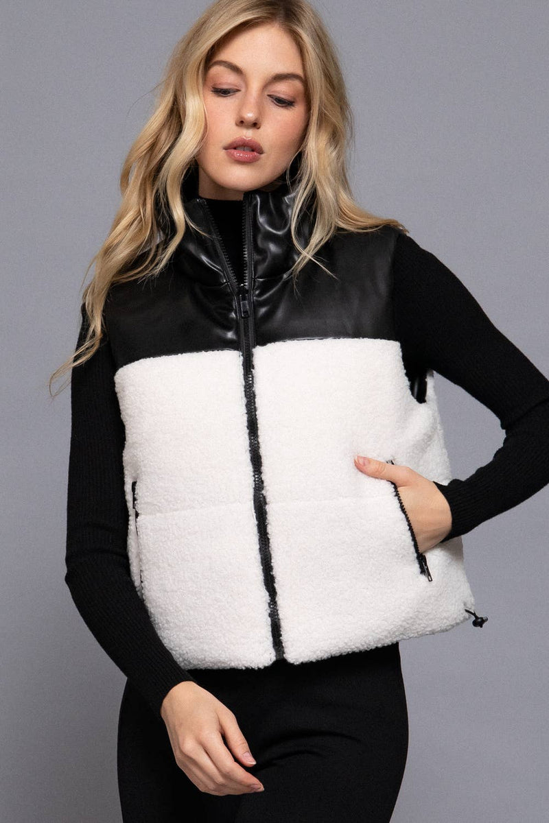 Reversible Faux Leather-Sherpa Contrast Padding Crop Vest