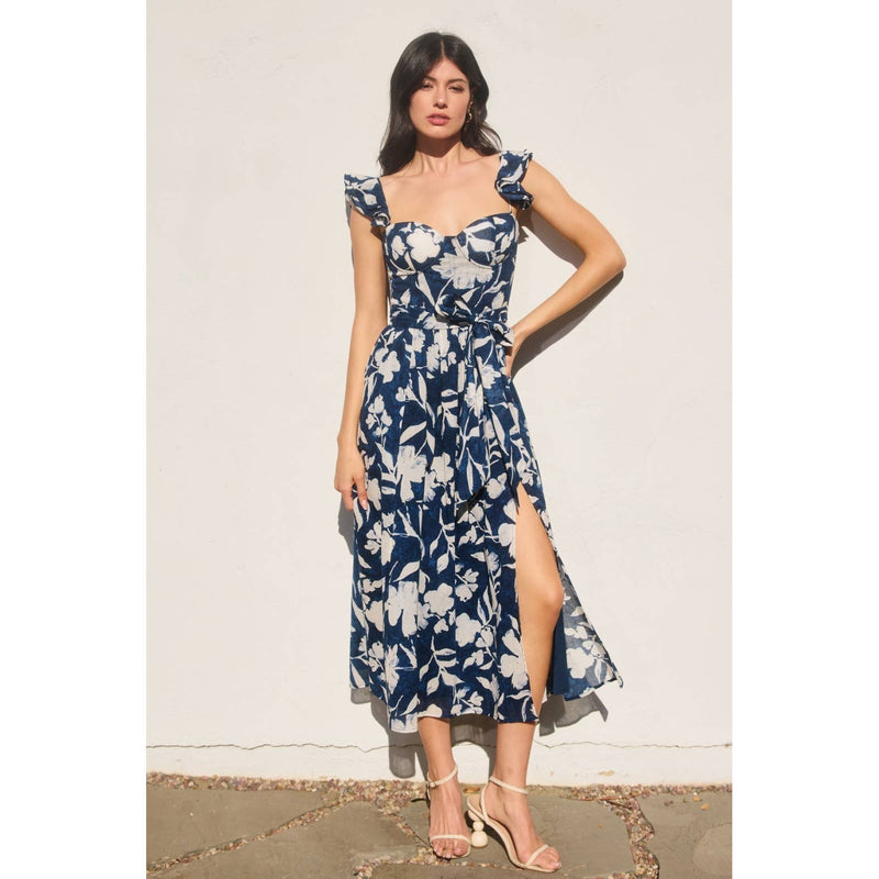 Indigo Mood Corset Flutter Sleeve Midi Dress