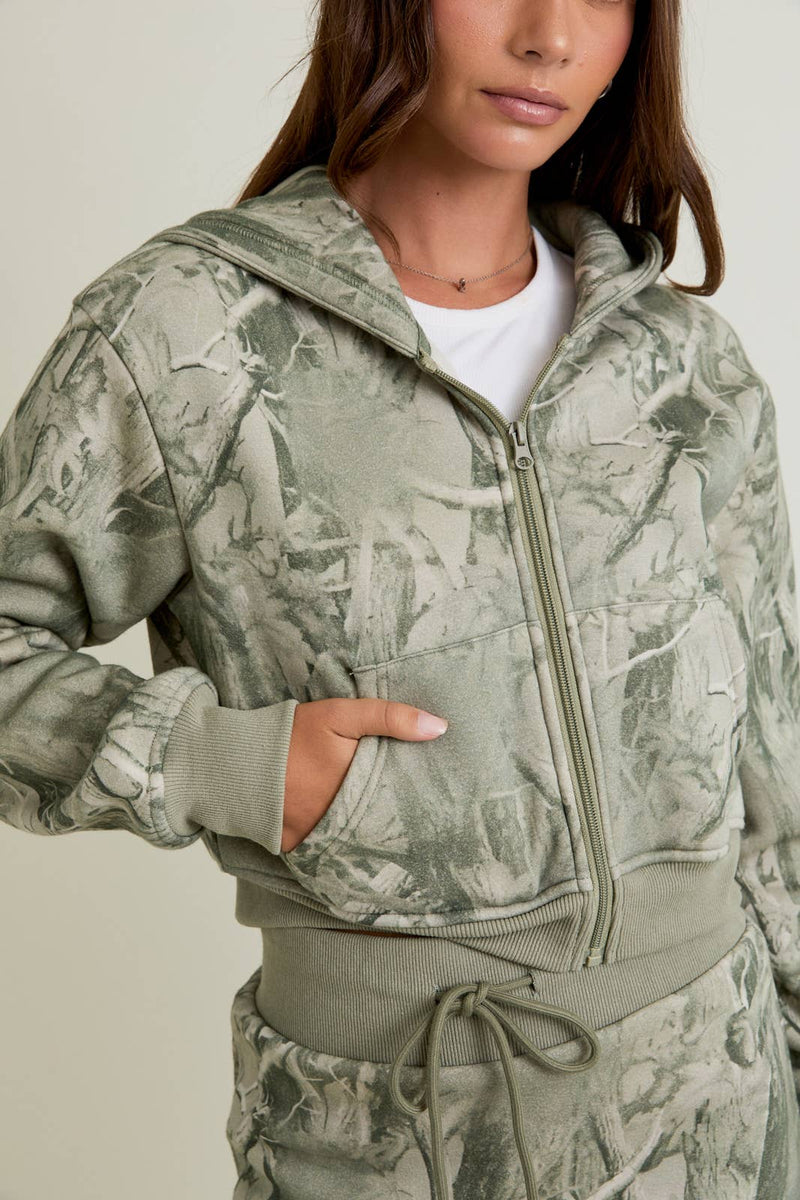 Tree Camo Printed Crop Hoodie Jacket