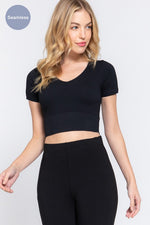 Short Sleeve V-Neck Seamless Rib Crop Top