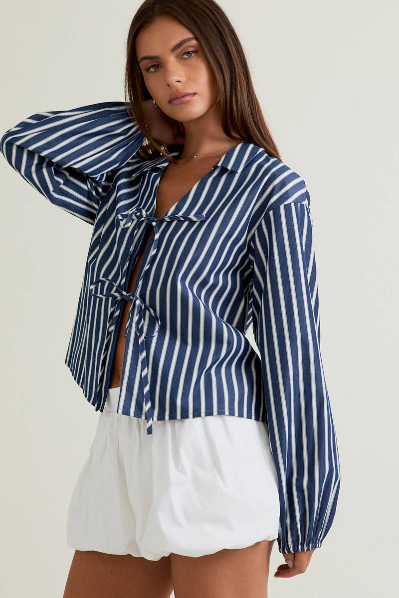 Stripe Long Sleeve Tie Top