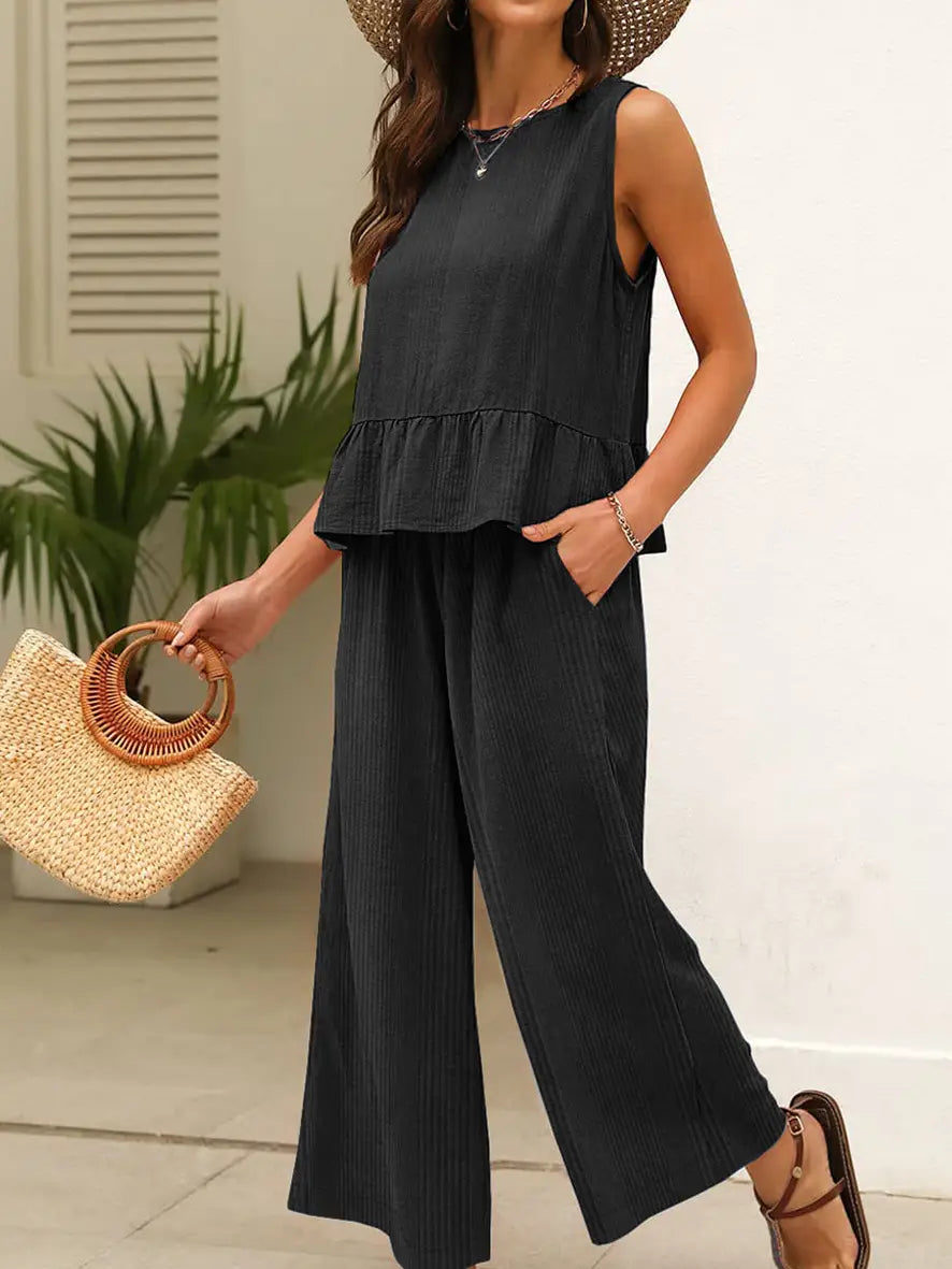 Ribbed Ruffle Tank Top And Pants Set