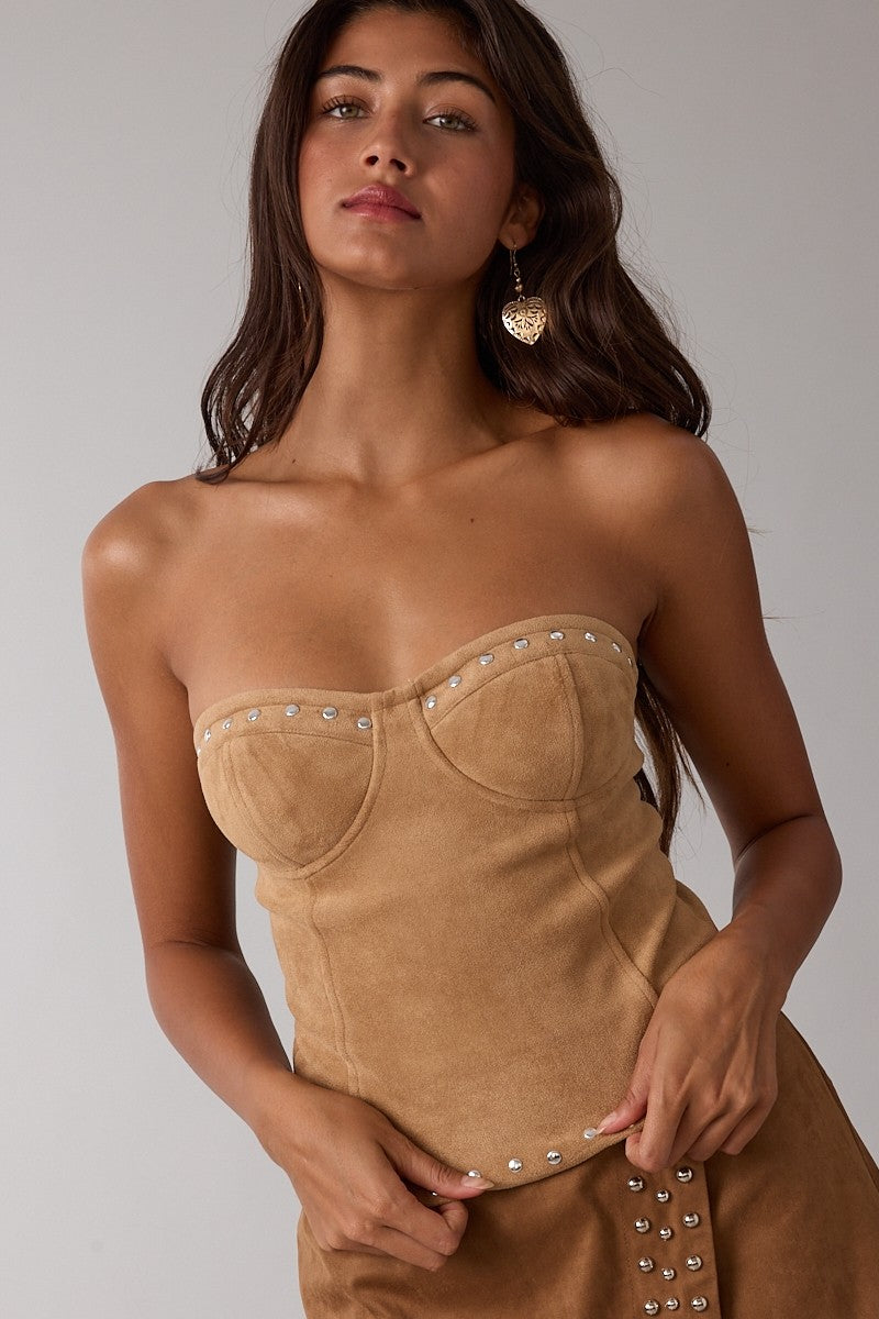 Suede Studded Scallop Detail Tube Crop Top