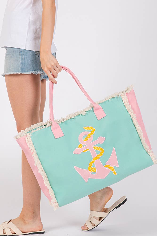 Embroidered Design Patch Fringe Summer Tote Bag: Anchor
