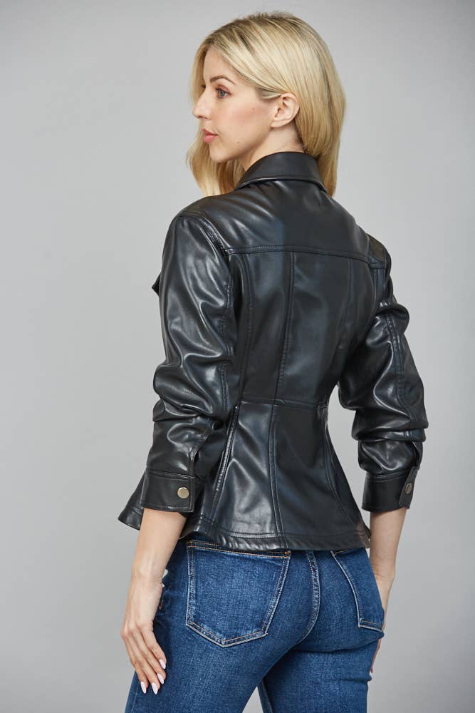 Faux leather peplum jacket in sleek black with 3/4 sleeves and fitted design, perfect for stylish Long Island boutique fashion.