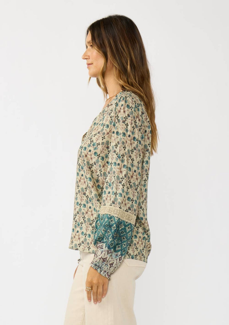 Split Ruffle Neck Border Print Blouse