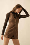 Faux suede sleeveless romper in rich brown with a snap-front design, featuring a tailored fit and stylish pockets, perfect for Long Island boutique fashion.