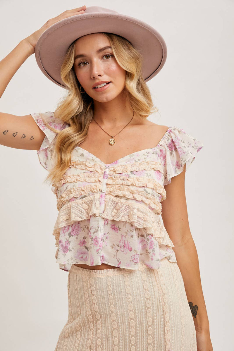 Floral Print Ruffle Lace Trimmed Sweetheart Neck Top