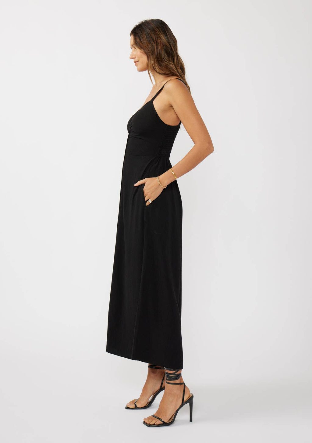 V-Neck Ruched Button Down Maxi Dress