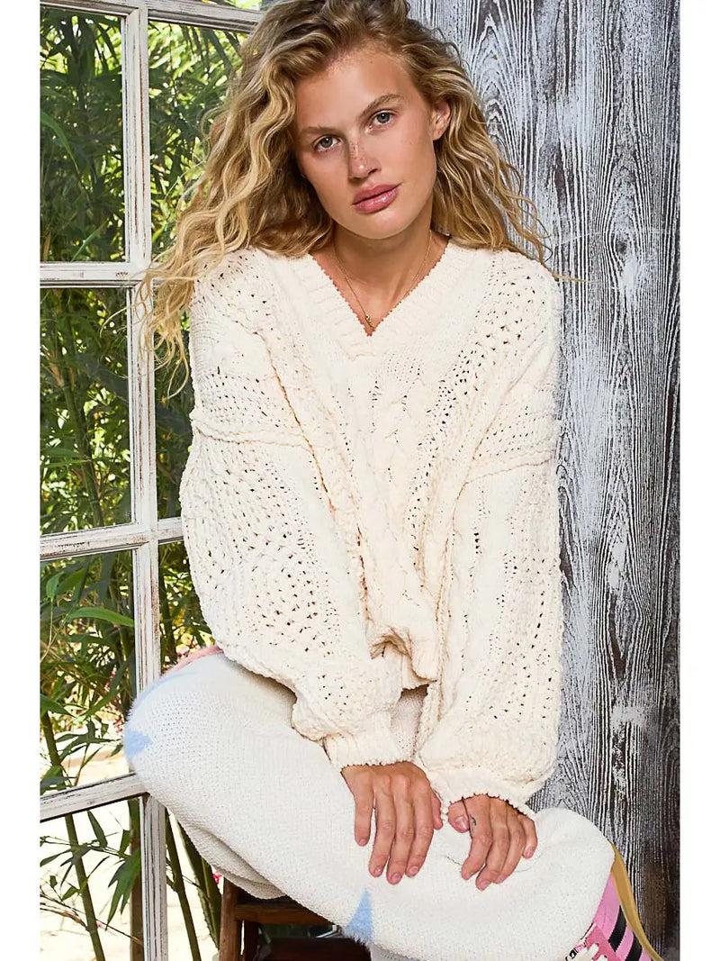 V-neck Semi Cropped Chenille Sweater