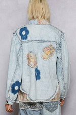 Balloon Sleeve Floral Patch Detail Denim Jacket
