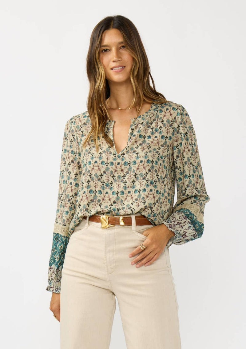 Split Ruffle Neck Border Print Blouse