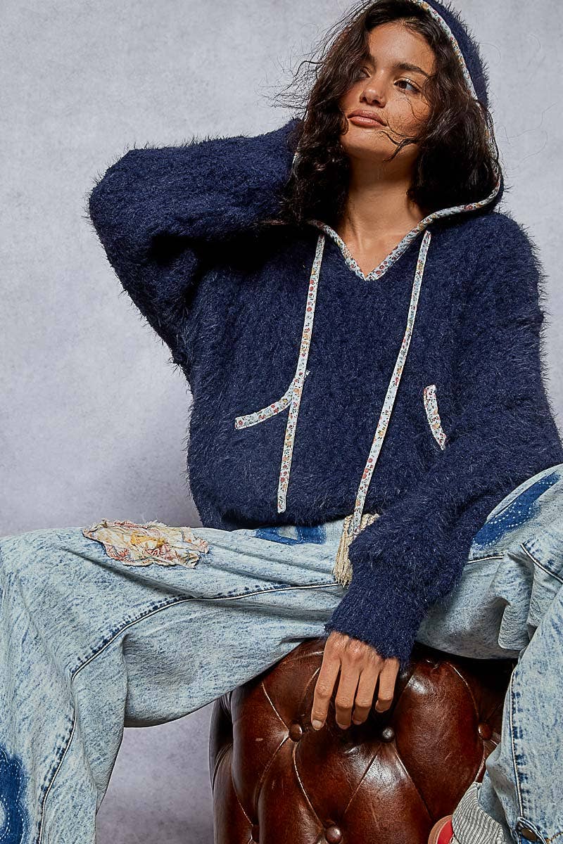 V-neck Solid Hoodie Cropped Sweater Top