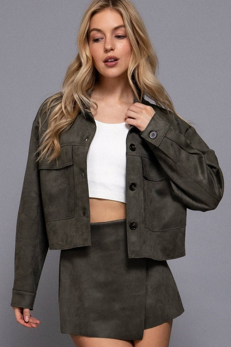 Long Sleeve with Front Patch Pocket Faux Suede Short Jacket