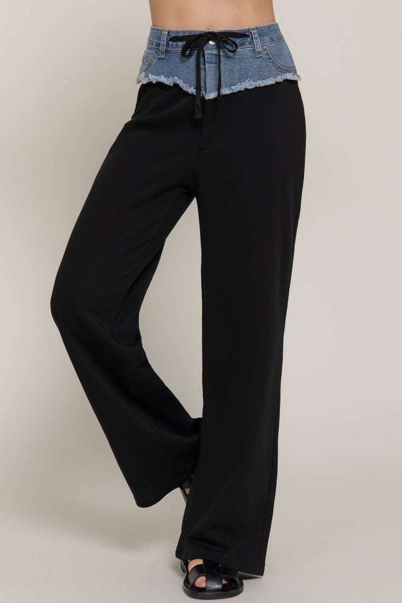 Straight terry long pants featuring a contrast denim waistband with a frayed edge, perfect for stylish Long Island boutique fashion.