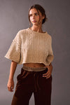 Textured, acid wash detail sweater top in a soft beige hue with a relaxed fit and short, wide sleeves, perfect for Long Island boutique fashion.