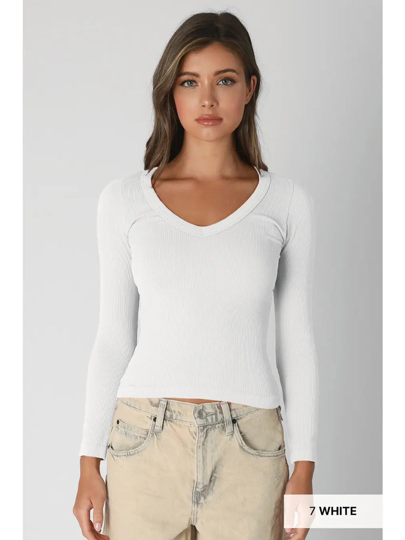 White deep V neck long sleeve top featuring a fitted ribbed design, perfect for layering in Long Island boutique fashion.